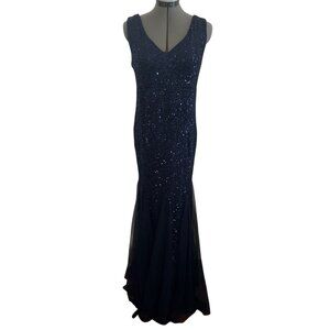 AARFAR Navy Blue Sequin Tulle Gown 2XL Sleeveless V-Neck Full-Length RUNS SMALL